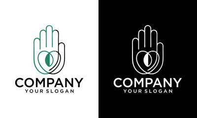 Creative hand and leaf Organic Logo design. silhouette of love Hands holding fresh abstract leaf