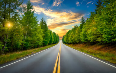 Obraz premium Exploring the Idyllic Landscape along the Asphalt Road, Where Emerald Forests Meet Expansive Blue Skies. Bask in the Golden Glow of Nature's Grandeur Through this Captivating Photography.