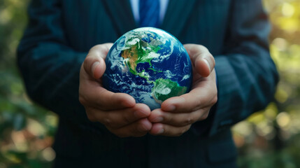 A conceptual image of a person in a suit holding a miniature Earth, symbolizing global responsibility and environmental stewardship. Global environmental conservation sustainable lifestyle concept.