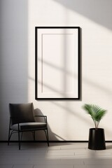 A black frame on a wall with a shadow
