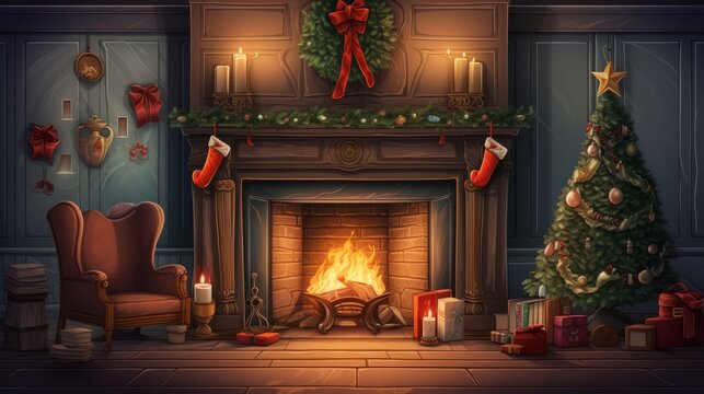 Festive holiday cartoon showcasing a cozy Christmas fireplace.