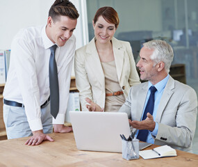 Business people, laptop and discussion for planning in boardroom, communication and meeting in...