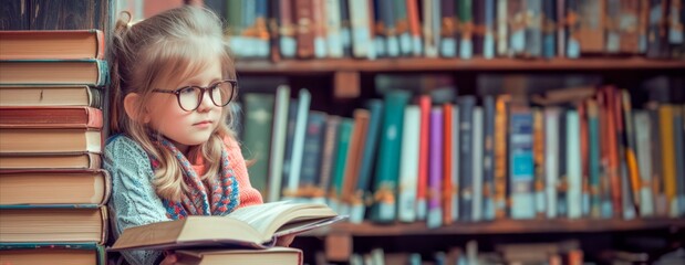 a girl reading a book in library with a bookshelf background , horizontal background, copy space for text, world book day