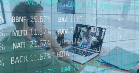 Animation of financial data processing over caucasian businessman using laptop for video call - Powered by Adobe