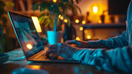 Influencer working at laptop in home office remote for his social media content and postings