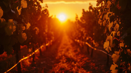 Vineyard at sunset with grapevines in foreground - obrazy, fototapety, plakaty