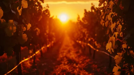 Gardinen Vineyard at sunset with grapevines in foreground © JJ1990