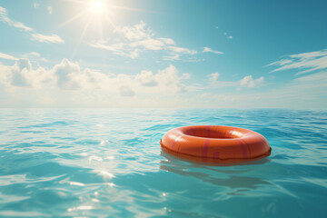 Fototapeta na wymiar Lifebuoy on the water in the sea against the background of sunset, the concept of rescue