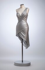 Silver evening short dress on a mannequin.