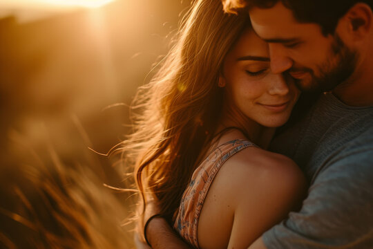 Tender portrait of a young couple hugging each other in loveable moment at sunset outdoors