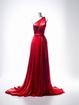 Long evening red dress on a mannequin on white background.