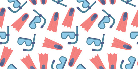 Seamless pattern mask and fins for swimming in a flat style, highlighted on a white background. Diving accessories. Vector illustration.