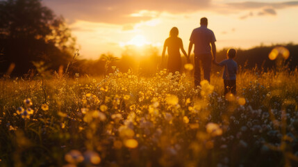 Family of mother, father and child walking in flower meadow field at sunset