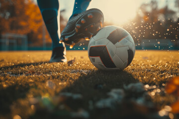 Closeup of soccer player handling a soccerball on training field