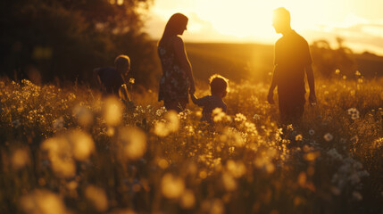 Family of mother, father and children walking in flower meadow field at sunset