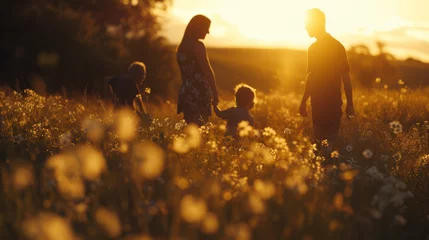 Poster Wiese, Sumpf Family of mother, father and children walking in flower meadow field at sunset