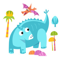 Cute cartoon dinosaur. Flat stylised isolated simple illustration for design on white background. Template for text. Vector graphics.