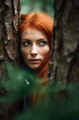 Young beautiful woman with red hair and freckles is hiding behind trees in the forest.