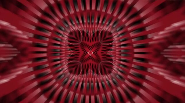 Pulsating red and black radial kaleidoscope animation with repeating geometric patterns for a dynamic music visualization