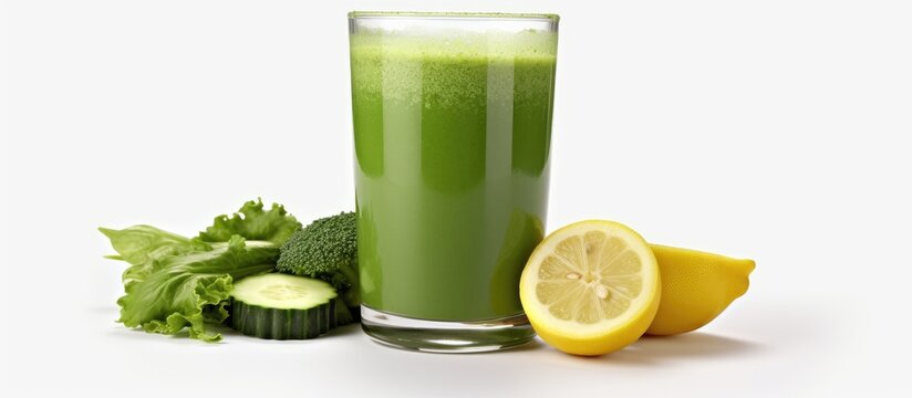 Healthy green smoothie in a glass with ingredients on white background