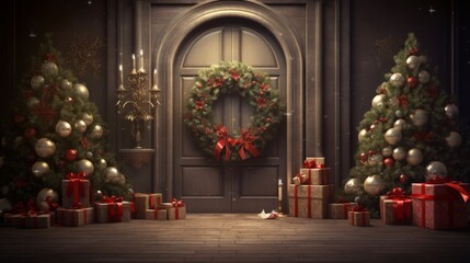 Joyful Christmas scene with festive wreaths and presents