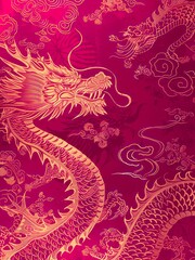 Golden Chinese dragon on pink background.