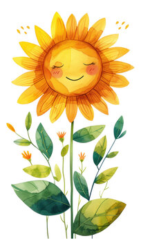A nursery craft scrapbook illustration featuring a sunflower with a smiling face, painted in warm yellow and pastel green colors, creating a cheerful and sunny ambiance.
