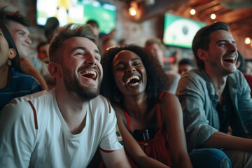 Sport fans cheering for their favourite sports team in a pub at public viewing