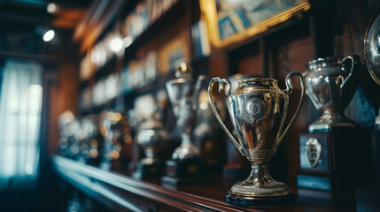 Sports trophies in display at home of successful sport person
