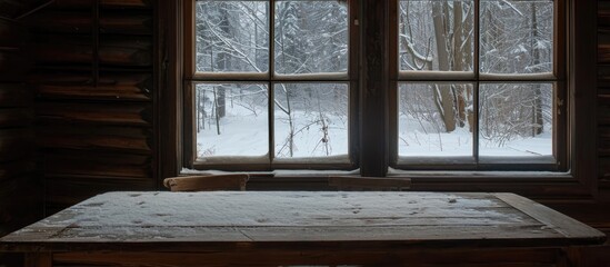 A window faces an old table in a deserted cabin during winter.