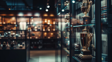 Sports trophies in display at home of successful sport person