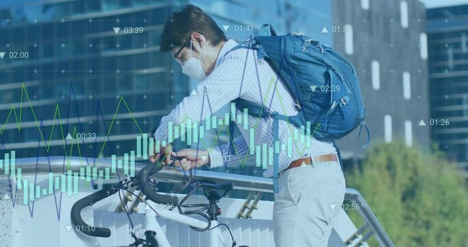 Animation of financial data processing over asian man wearing mask fastening bike