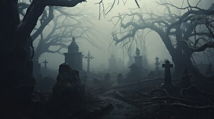 Mysterious graveyard with gnarled trees and a foggy atmosphere