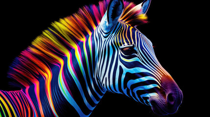 Multi-colored rainbow neon zebra on a black background. Modern design.
