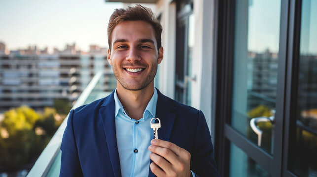 portrait of a man hold key estate home.apartment property