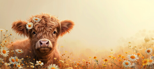 banner of little cute highland cow on Daisy background. Scottish breed of rustic cattle. springtime