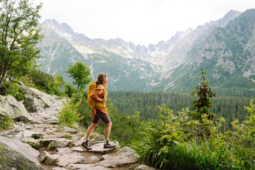 Young woman  hiking girl with backpacks. Hiking in nature. Sunny landscape. A young traveler travels along mountain paths. Adventure, travel concept.