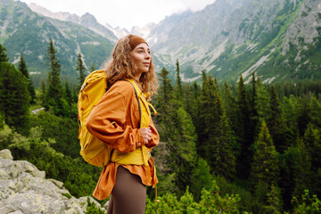 Young woman  hiking girl with backpacks. Hiking in nature. Sunny landscape. A young traveler...