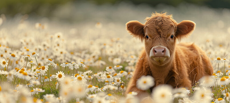 banner of little cute highland cow on Daisy background. Scottish breed of rustic cattle. springtime