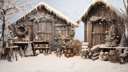 Rustic Christmas winter scene with wooden decorations and snow