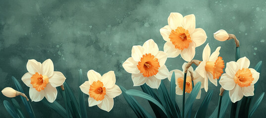watercolor illuatration of Narcissus, genus of predominantly spring flowering perennial plants. daffodil. green background 
