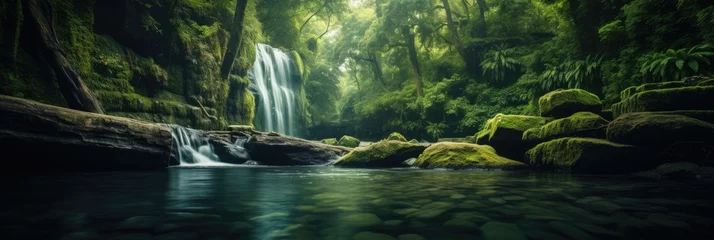 Fotobehang Beautiful waterfall surrounded by green forest © brillianata