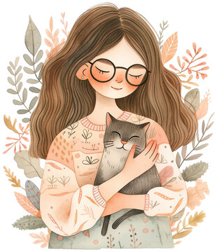 An illustration of a girl with glasses holding her cat, An illustration of a girl with glasses holding her cat, rendered in beautiful muted pastel colors, evoking warmth and comfort.

