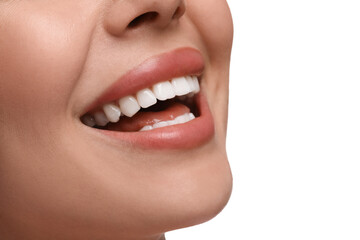 Woman with clean teeth smiling on white background, closeup