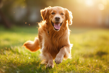 happy golden retriever on the grass. Created with Generative AI technology