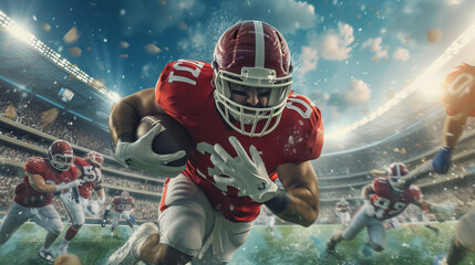 An American football player in a red uniform fiercely running with the ball during a game, showcasing determination and athleticism.