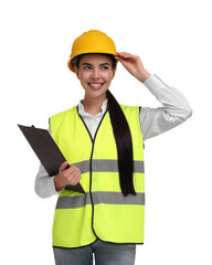 Engineer in hard hat holding clipboard on white background
