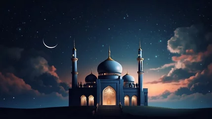 Foto op Canvas mosque at the beautyful village behind the hill in the night with cloud soft color of the sky Crescent moon and stars amazing night © pow McD
