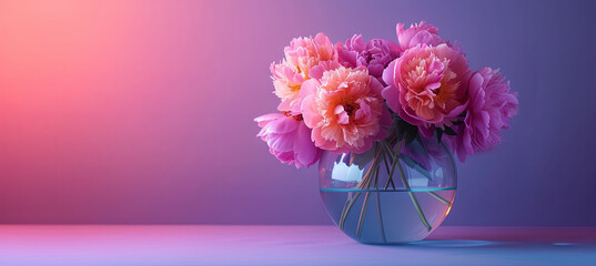 peony in the transparent vase on the purple background