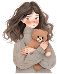 Illustration of a girl with brown hair, wearing a grey sweater, holding a brown teddy bear, depicted in muted pastel colors.
